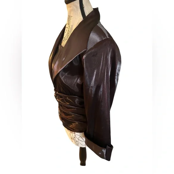 R&M Richards M Iridescent Slick Brown Oxblood Evening Gala Top Ruched Waist READ - Picture 5 of 16